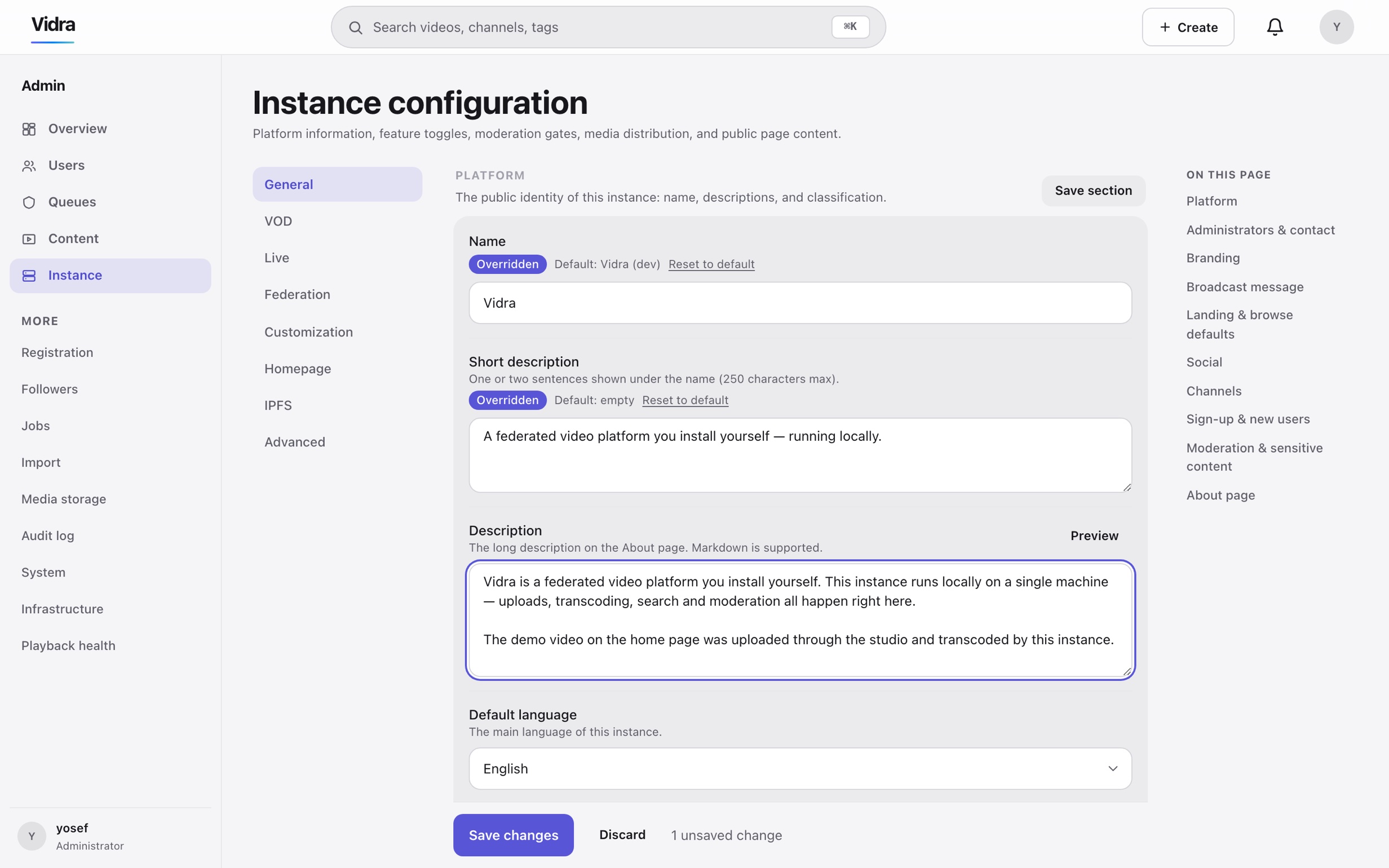 The admin console's instance configuration page: general settings with the instance name and short description overridden from their defaults, sections for VOD, live, federation and customization, and a save changes button.