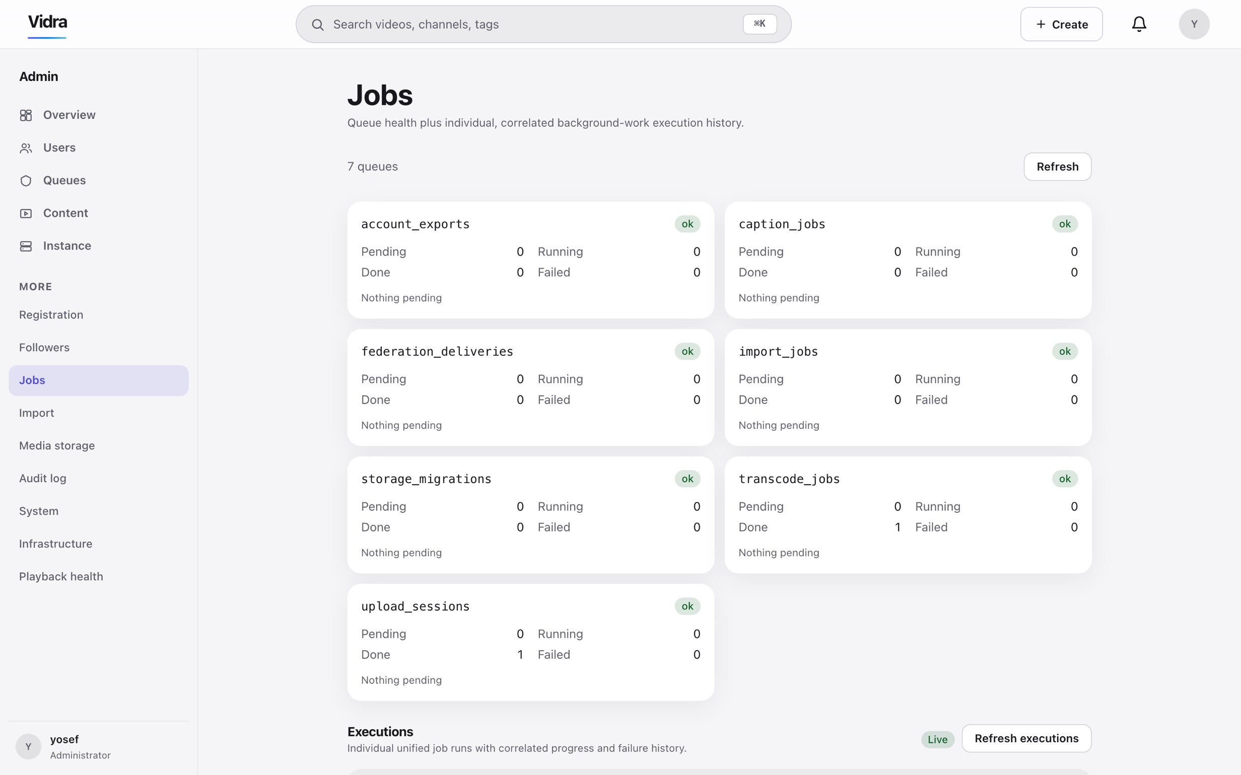 The admin console's jobs view: queue cards each reporting ok, and a transcode jobs card showing its job done with none failed.