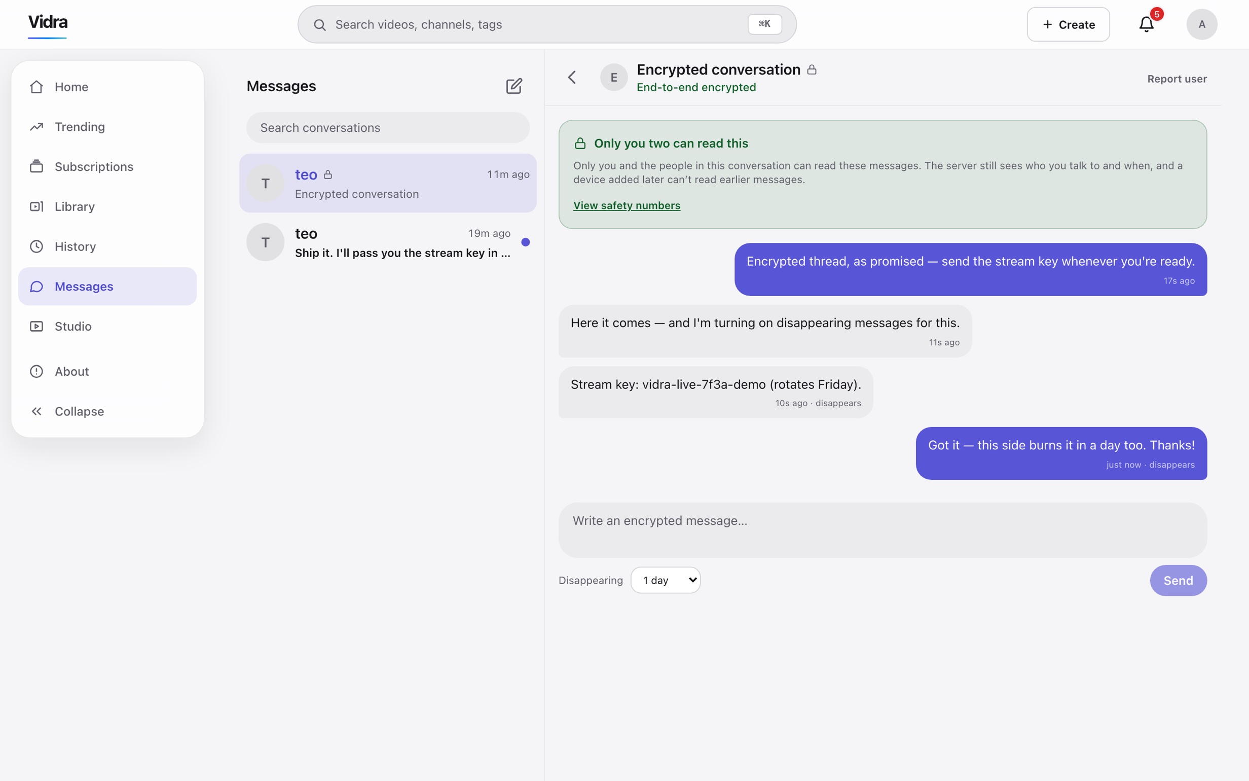 An end-to-end encrypted conversation: a lock-marked header, a banner reading 'Only you two can read this' with a view-safety-numbers link, messages tagged 'disappears', a disappearing-message timer set to one day, and a conversation list showing one encrypted and one standard thread.