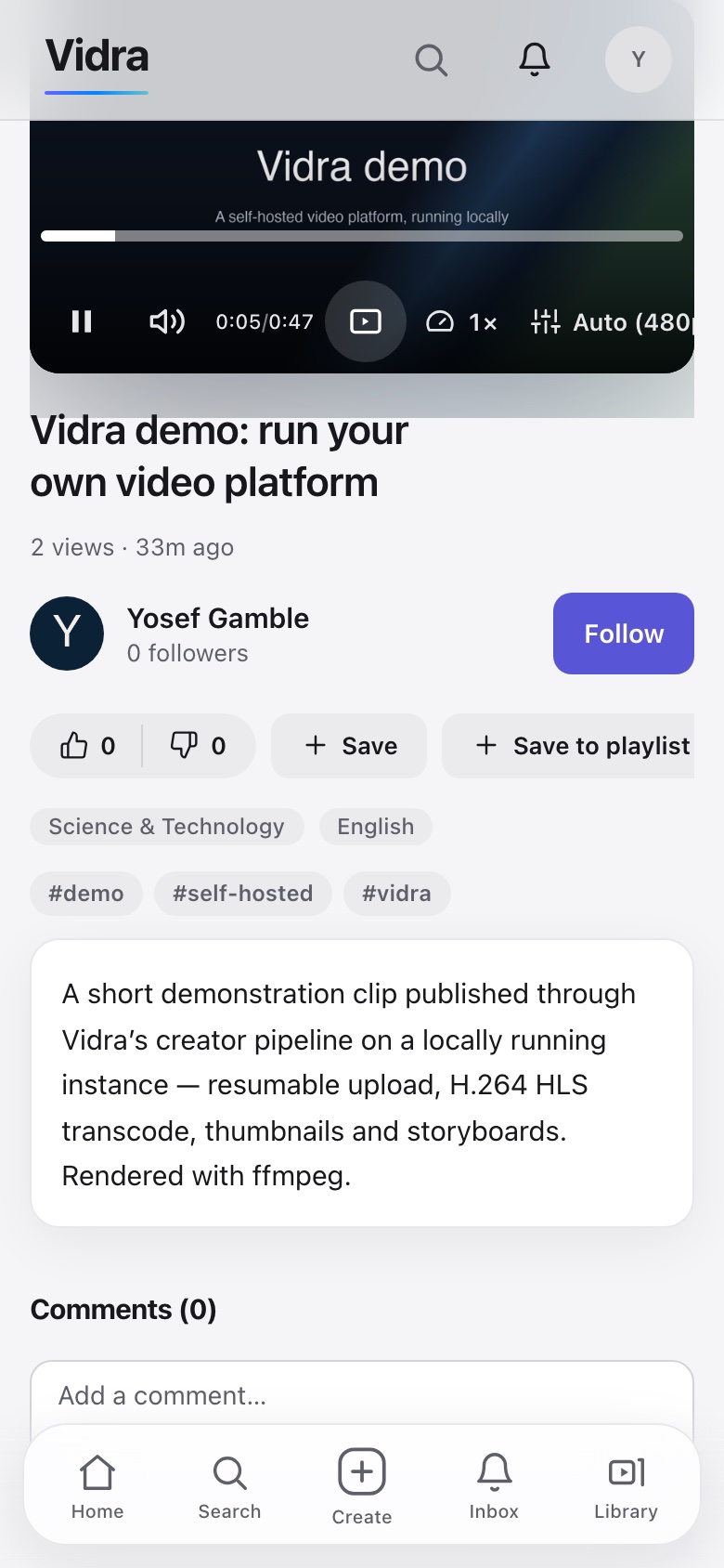 The Vidra watch page at phone width: the player with controls, then the title, view count, follow button, like and save actions, category, tags and description.