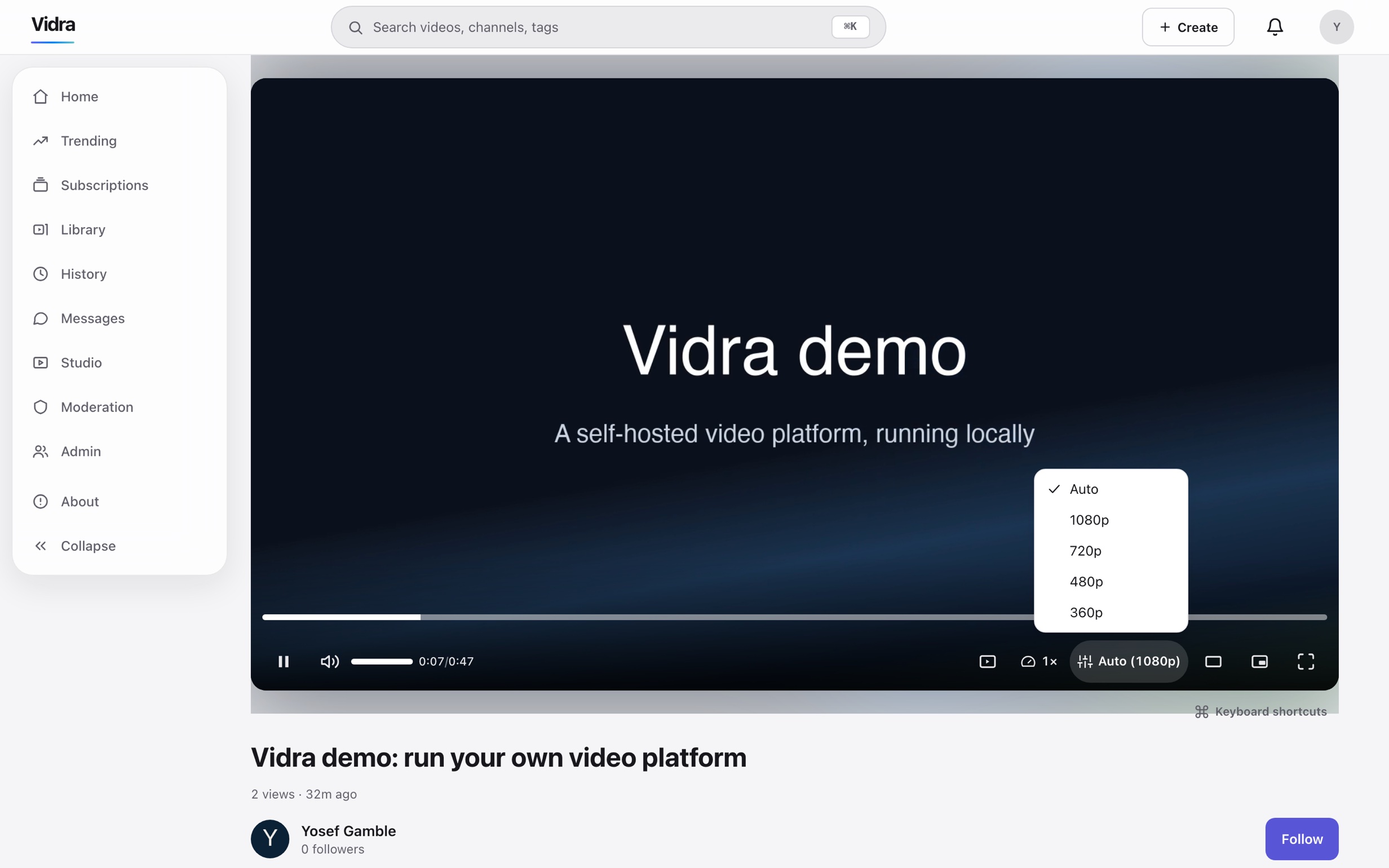 The Vidra watch page mid-playback with selectable quality: Auto plus 1080p, 720p, 480p and 360p, transcoded by the instance.